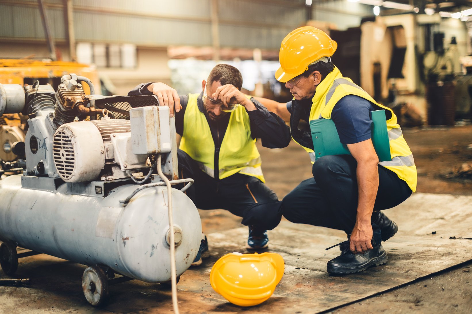 Worker team  feel bad down health problem headache heatstroke supervisor team help care support