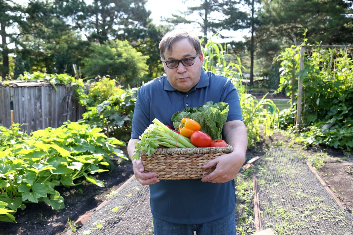 Disabled man works in the garden